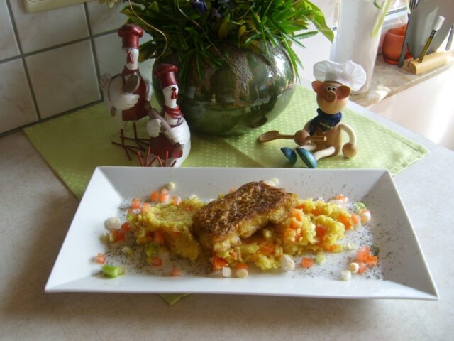 Gebakken kabeljauw op een bedje van groentenpuree