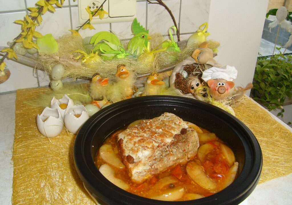 Tajine: ruggebraadje verzot op La Chouffe met appel, rozijnen en cocktail tomaatjes