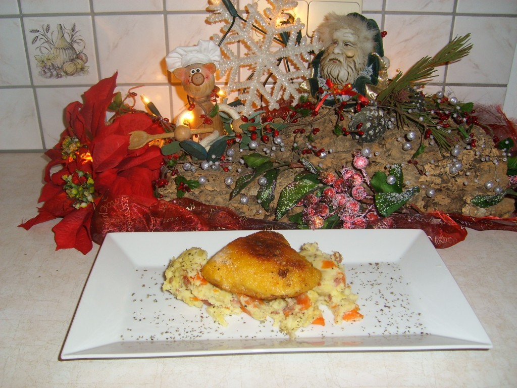 Dagschotel: cordon bleu van kabeljauw op een bedje van puree met verrassingen