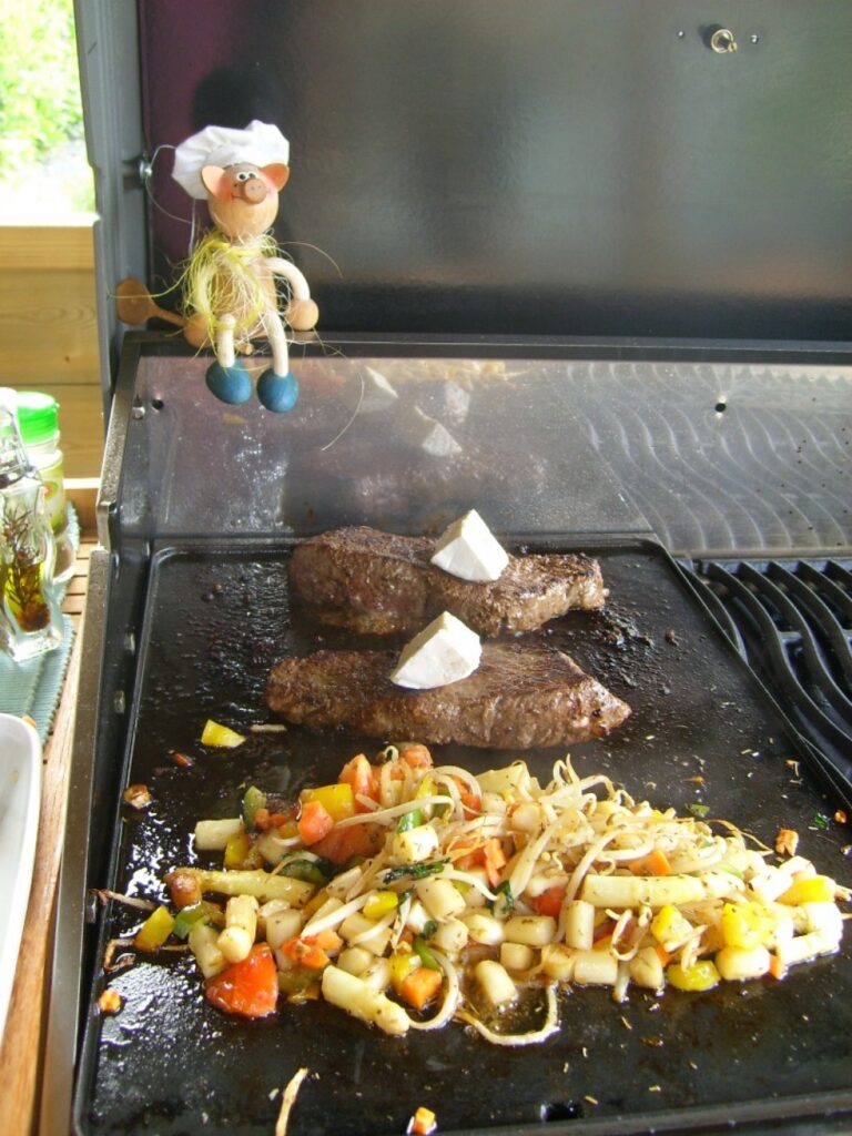 Plancha: een poespas van groenten met rumsteak