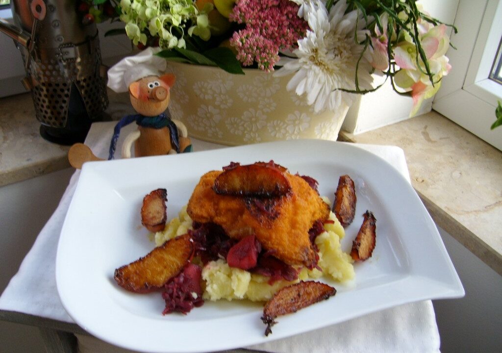 Dagschotel: puree met cordon bleu en rode kool met opgestoofde partjes appel