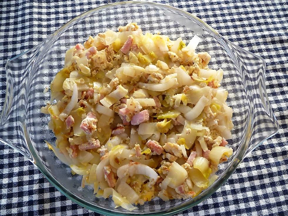 Gewokte witlof met ham, ei & ui