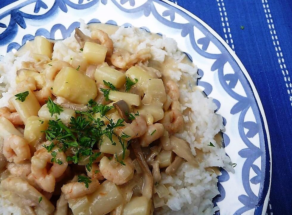 Ragout met asperges, oesterzwammen & garnalen