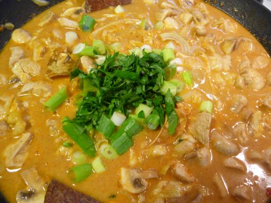 Rode kipcurry met (spits)kool en champignons