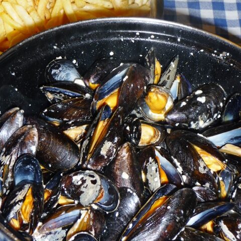 Mosselen op Griekse wijze met feta en ouzo