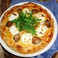 Hartige taart met oesterzwammen, prei, zalm en (geiten)kaas