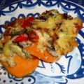Gratin/ovenschotel met zoete aardappel, champignons en paprika