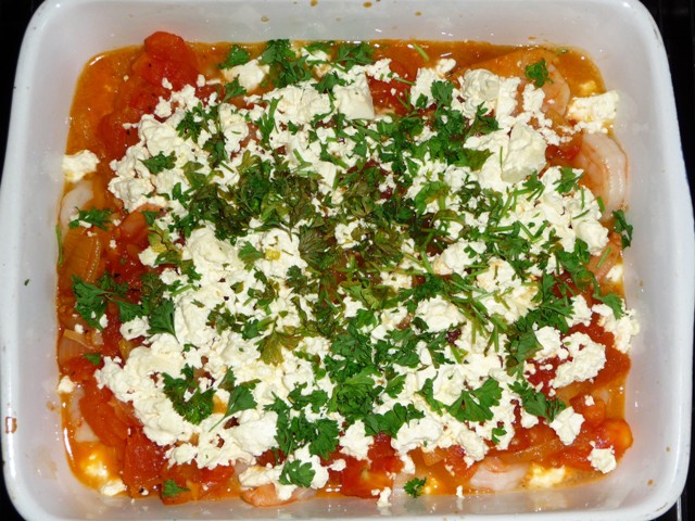 Saganaki van garnalen (Garídes saganáki)