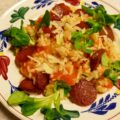Tomaten Risotto met courgette en salami.