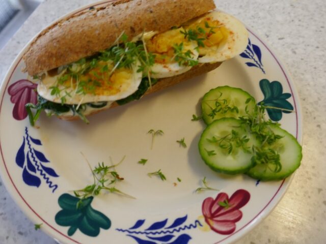 Broodje ei met babyspinazie en tuinkers.
