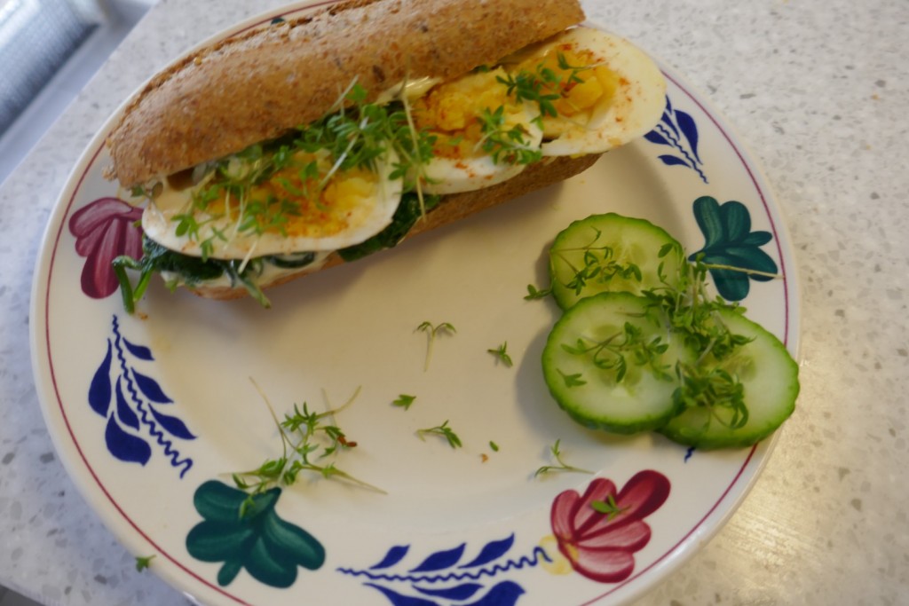 Broodje ei met babyspinazie en tuinkers.