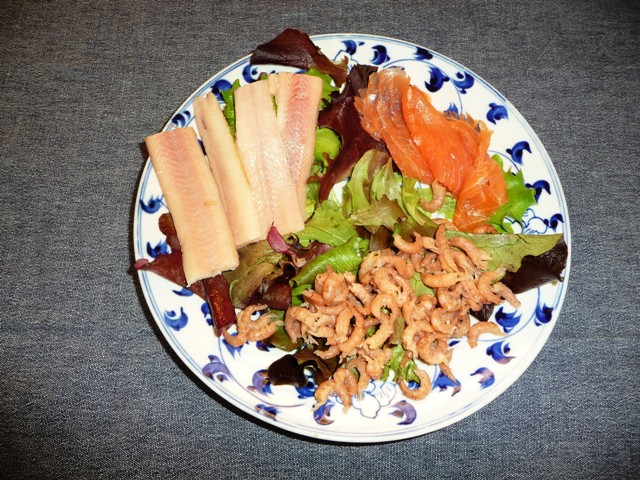 Trio van vis met zalm, paling en Hollandse garnalen