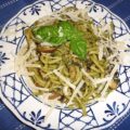 Spaghetti met spekjes, champignons en (daslook)pesto