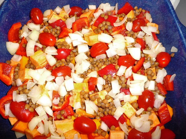 Traybake met pompoen, feta en rosbief