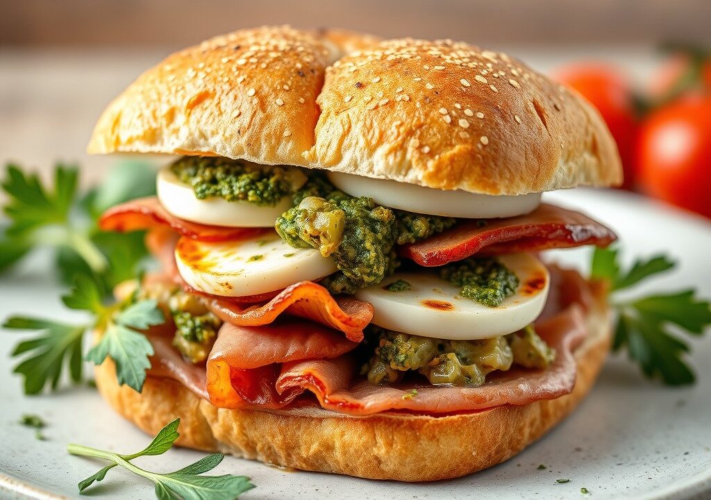 Sandwich met porchetta, mozzarella en gegrilde artisjok — AI-gegenereerde illustratie