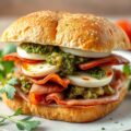 Sandwich met porchetta, mozzarella en gegrilde artisjok