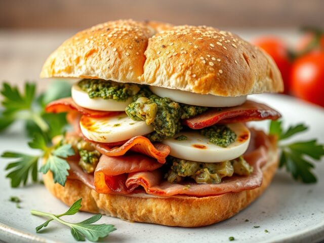Sandwich met porchetta, mozzarella en gegrilde artisjok — AI-gegenereerde illustratie