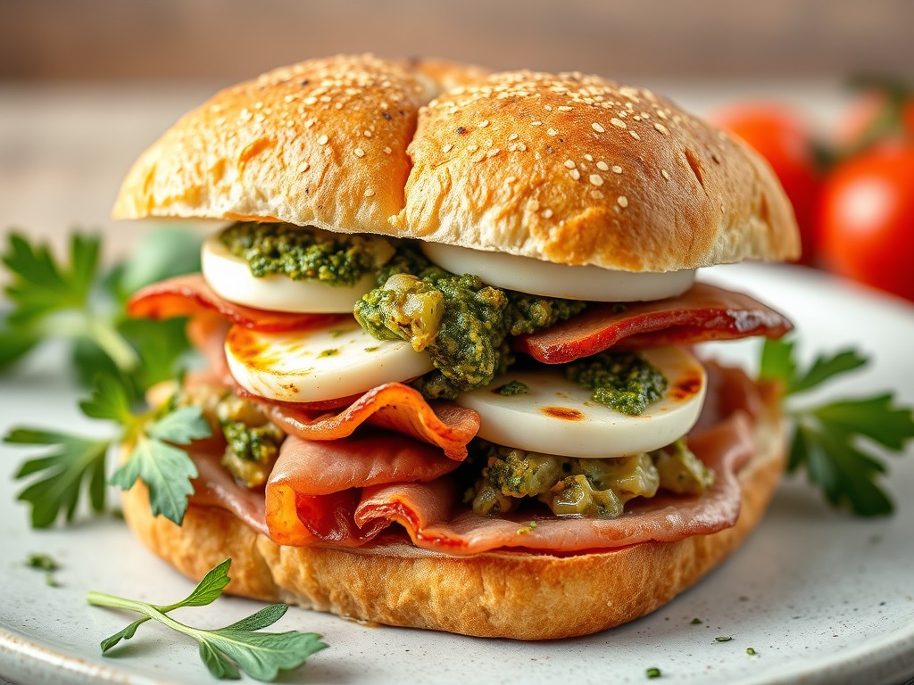 Sandwich met porchetta, mozzarella en gegrilde artisjok, AI-gegenereerde illustratie