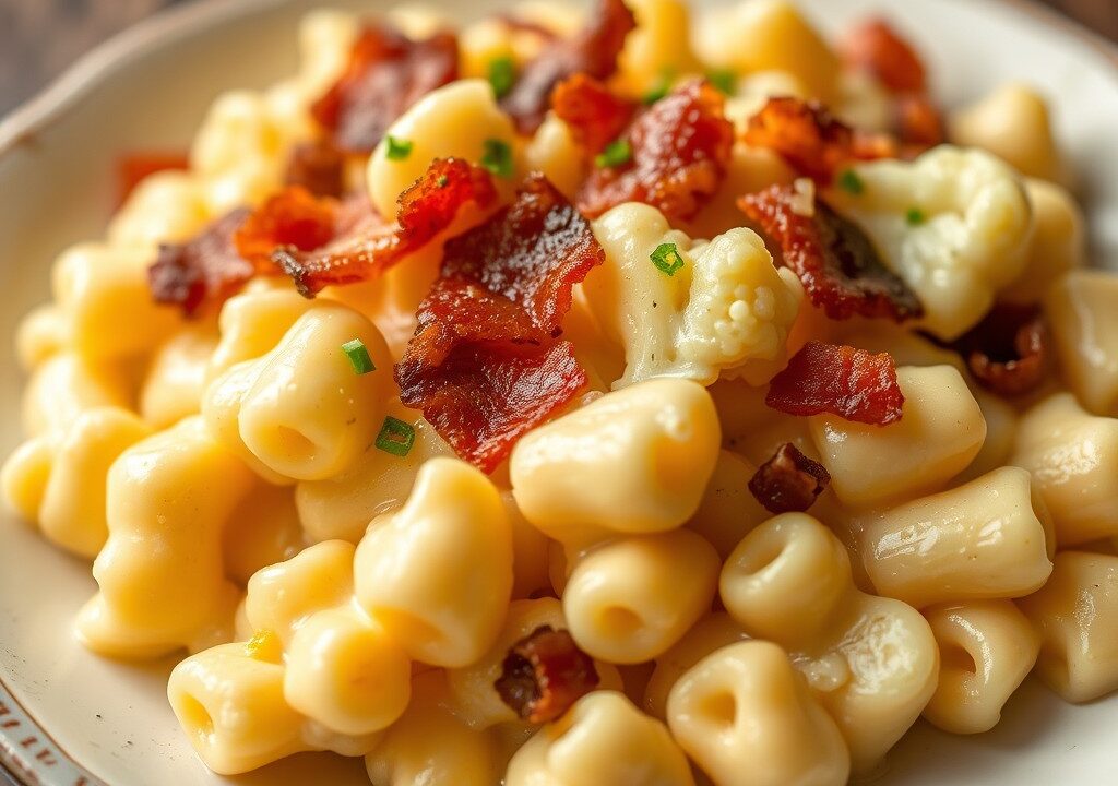 Smeuïge mac and cheese met bloemkoolroosjes — AI-gegenereerde illustratie