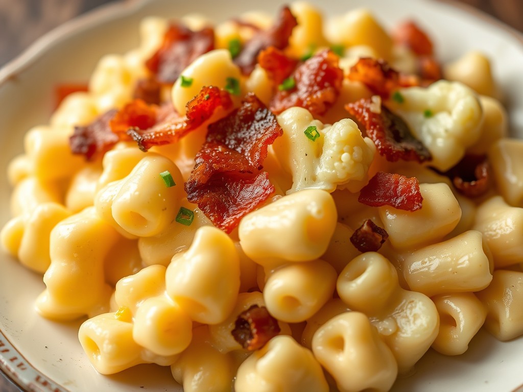 Smeuïge mac and cheese met bloemkoolroosjes, AI-gegenereerde illustratie