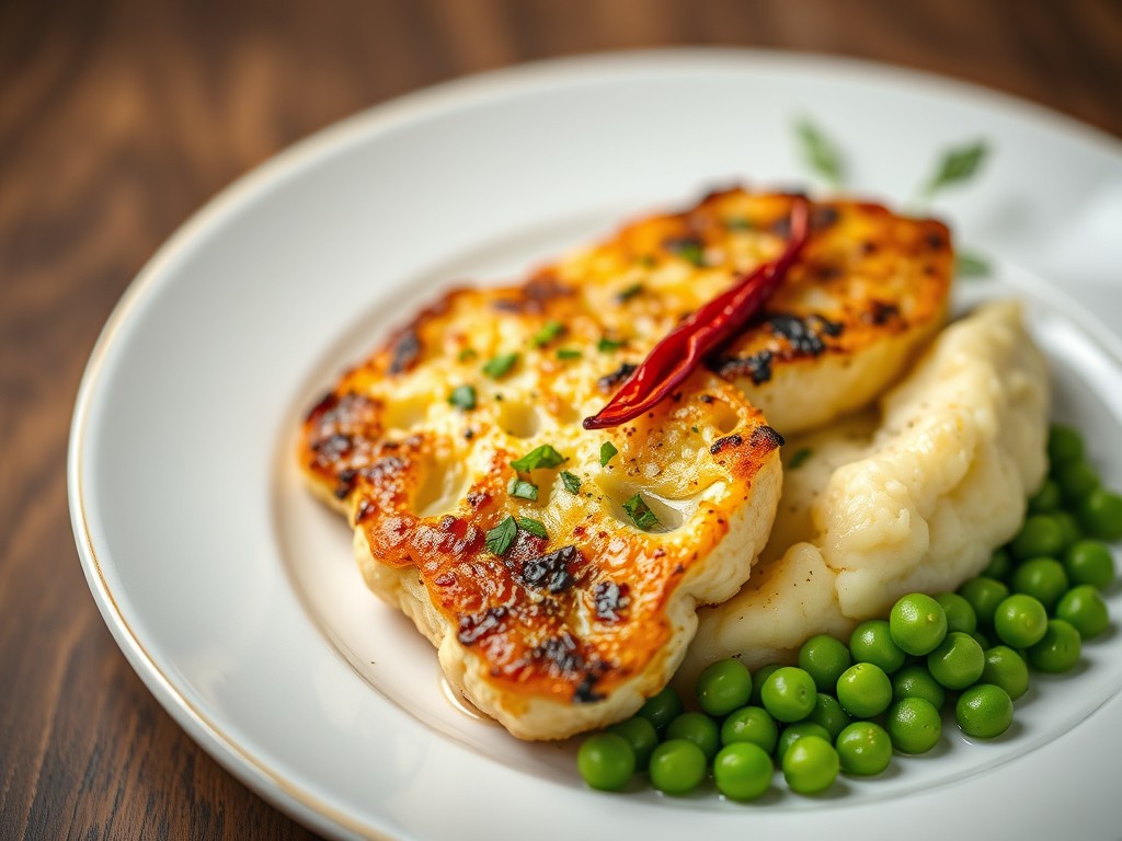 Geroosterde bloemkoolsteak met tuinerwten-aardappelpuree, AI-gegenereerde illustratie