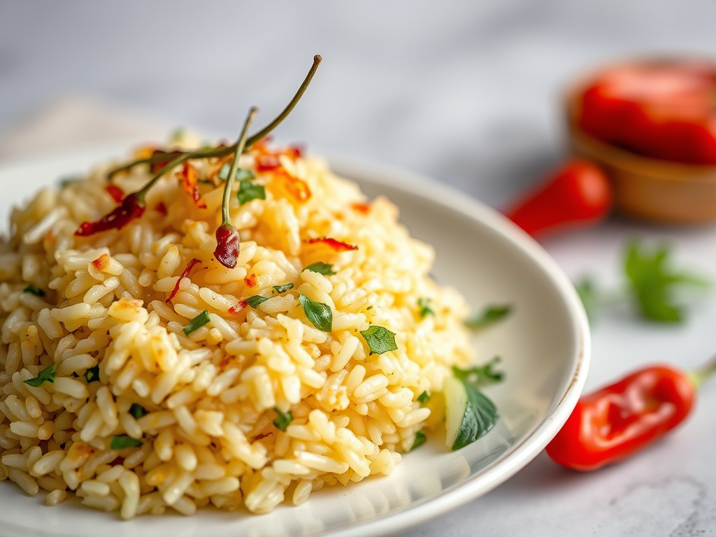 Risotto met crispy chili oil, AI-gegenereerde illustratie