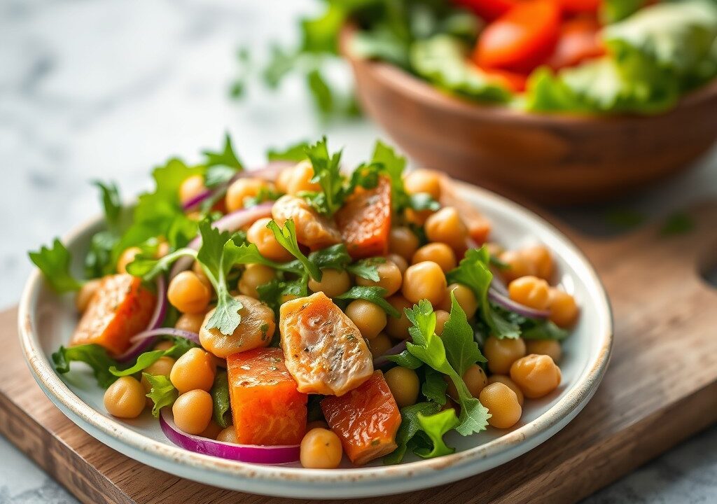 Lauwwarme salade van groene groenten, kikkererwten en gerookte makreel, AI-gegenereerde illustratie