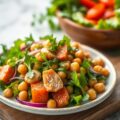 Lauwwarme salade van groene groenten, kikkererwten en gerookte makreel
