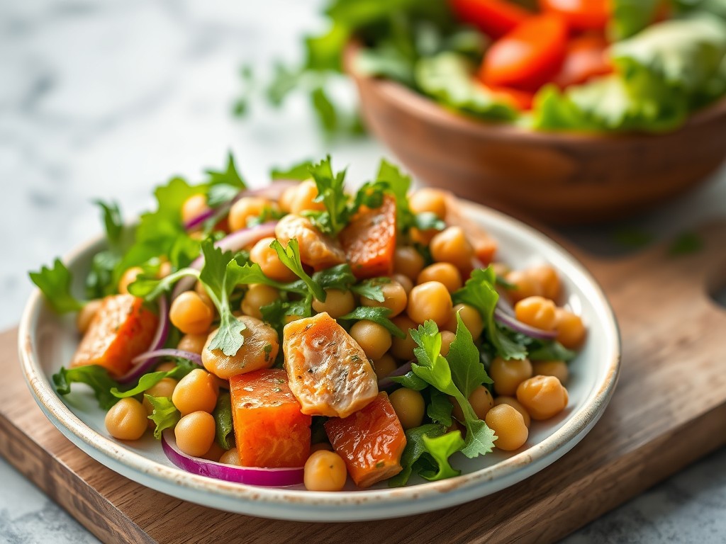 Lauwwarme salade van groene groenten, kikkererwten en gerookte makreel, AI-gegenereerde illustratie
