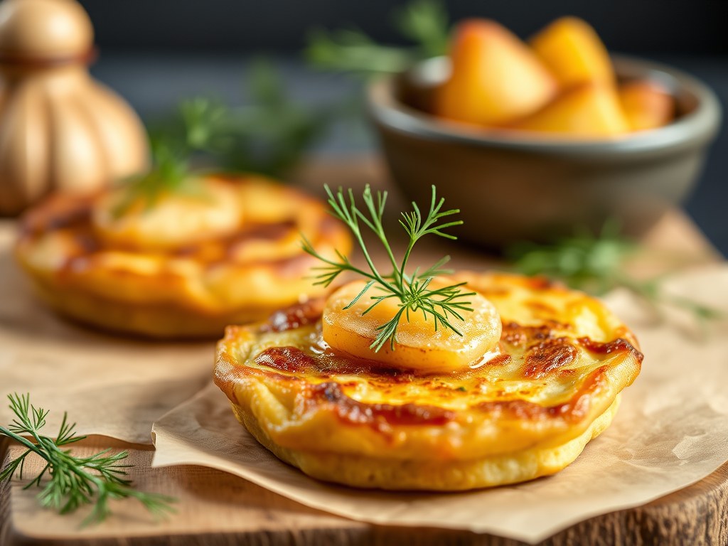 Aardappel – Zuurkool Pannekoekjes met Gerookte Vis en Dille, AI-gegenereerde illustratie