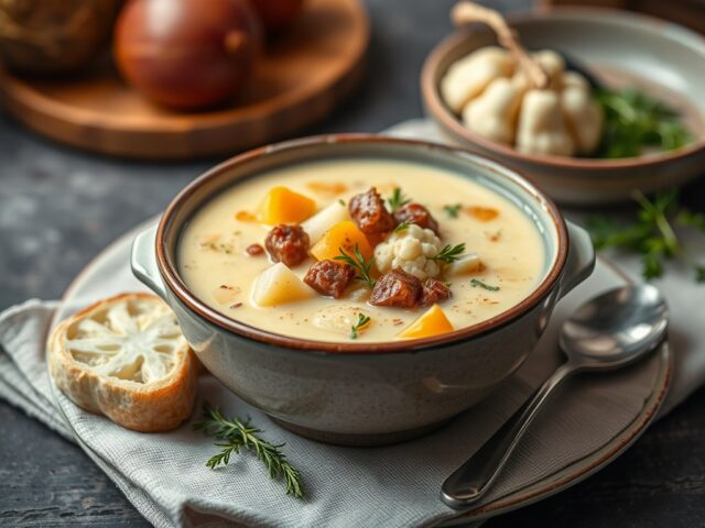 Aardappel-bloemkoolsoep — AI-gegenereerde illustratie