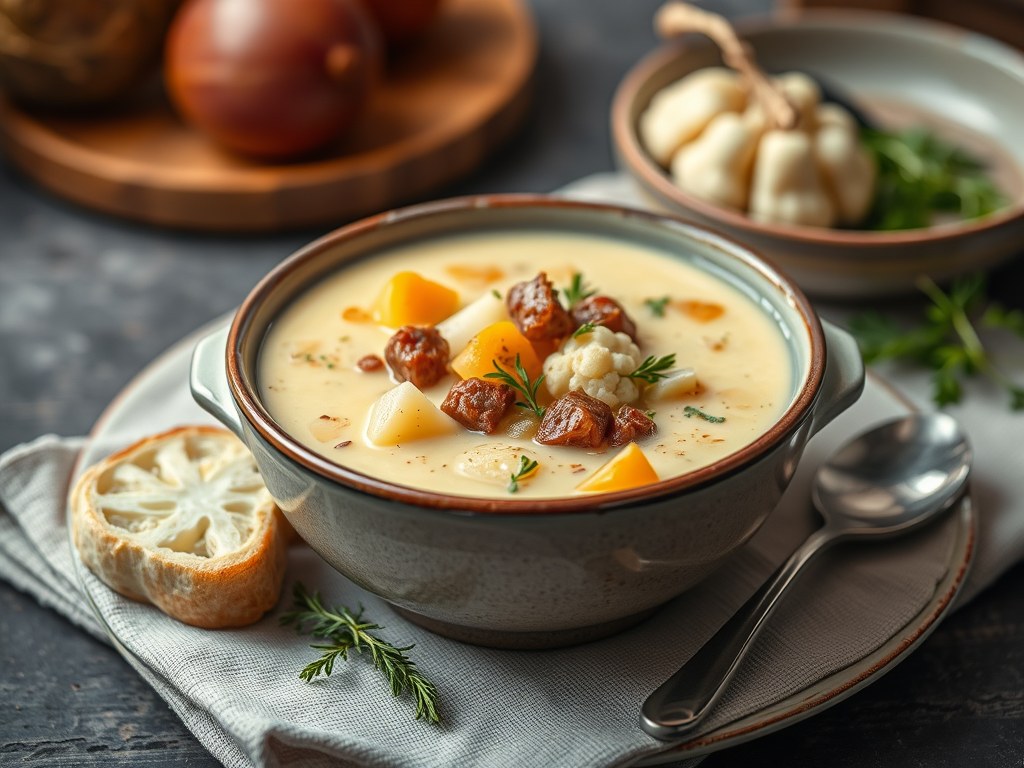 Aardappel-bloemkoolsoep, AI-gegenereerde illustratie