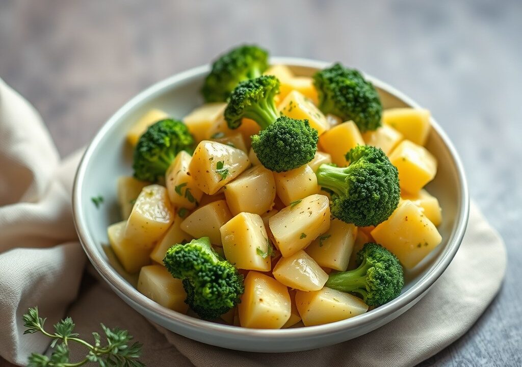 Aardappel-broccolischotel — AI-gegenereerde illustratie