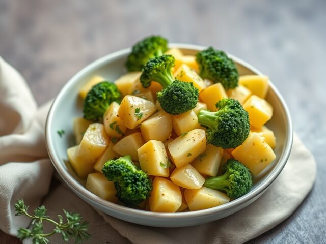Aardappel-broccolischotel — AI-gegenereerde illustratie
