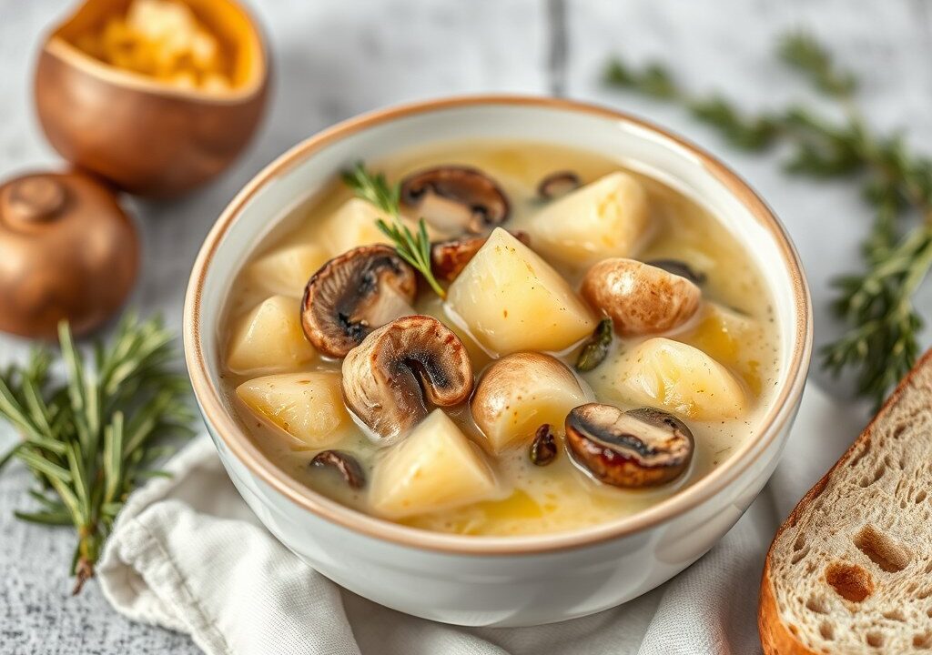 Aardappel-champignonsoep met broodkruim en truffelolie — AI-gegenereerde illustratie