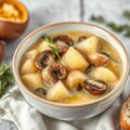 Aardappel-champignonsoep met broodkruim en truffelolie