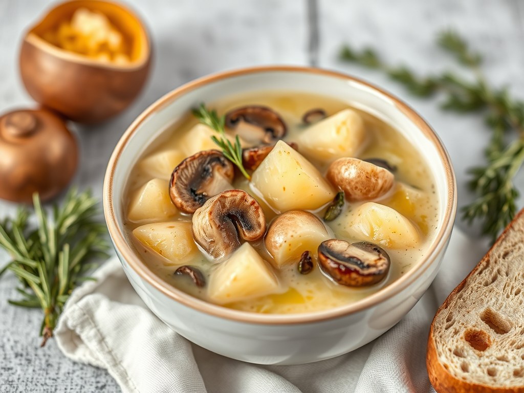 Aardappel-champignonsoep met broodkruim en truffelolie, AI-gegenereerde illustratie