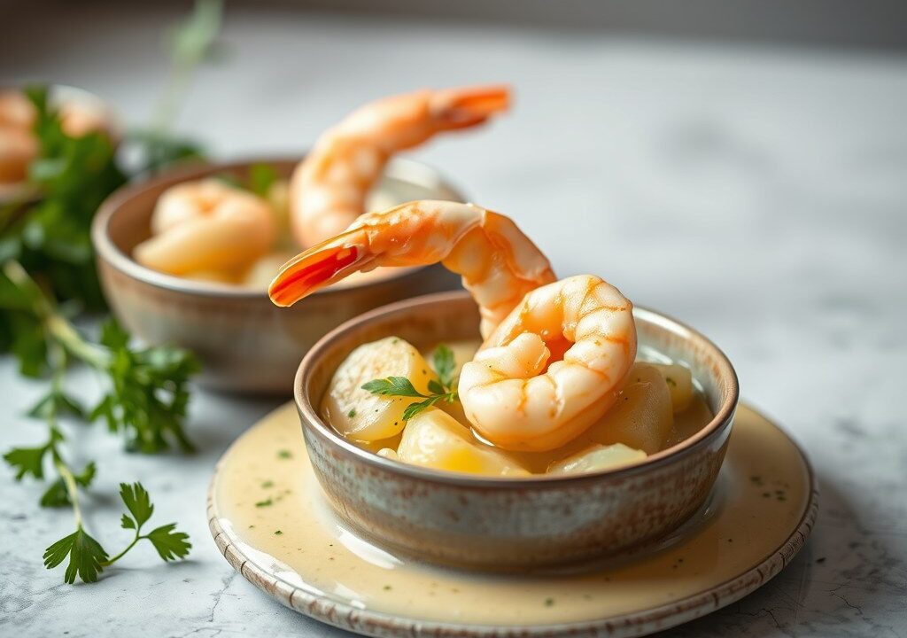 Aardappel- en aspergesoep met garnalen — AI-gegenereerde illustratie
