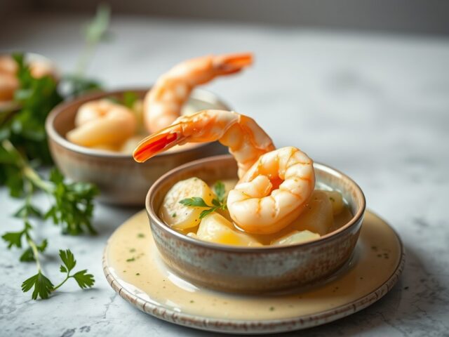 Aardappel- en aspergesoep met garnalen — AI-gegenereerde illustratie