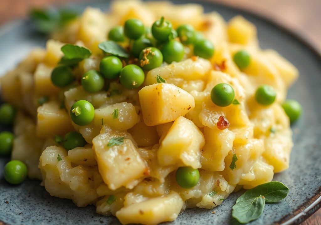 Aardappel- en erwtenpuree met savooikool en varkenskroontje — AI-gegenereerde illustratie