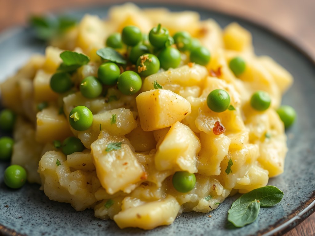 Aardappel- en erwtenpuree met savooikool en varkenskroontje, AI-gegenereerde illustratie