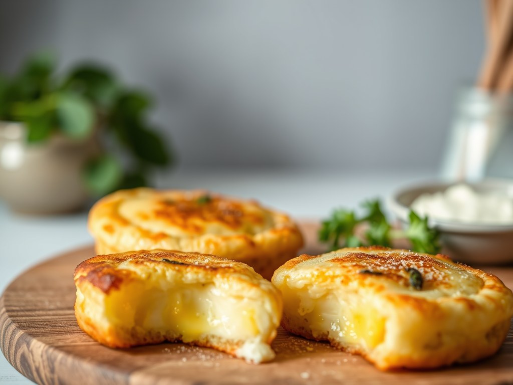 Aardappel-kaas taartjes met kappertjes frituur, AI-gegenereerde illustratie