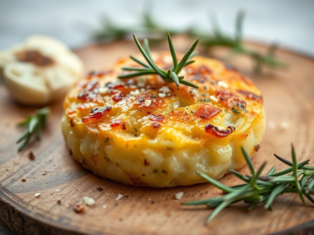 Aardappel-knoflooktaart met geitenkaas, AI-gegenereerde illustratie