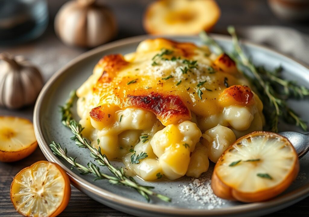 Aardappel-knolseldergratin met truffelolie, AI-gegenereerde illustratie