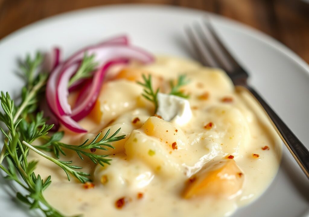 Aardappel-linzenvelouté met geitenkaas — AI-gegenereerde illustratie