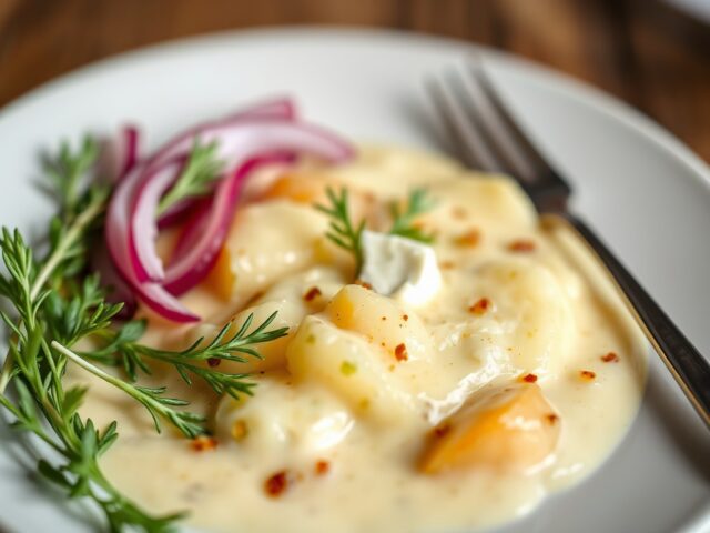 Aardappel-linzenvelouté met geitenkaas — AI-gegenereerde illustratie