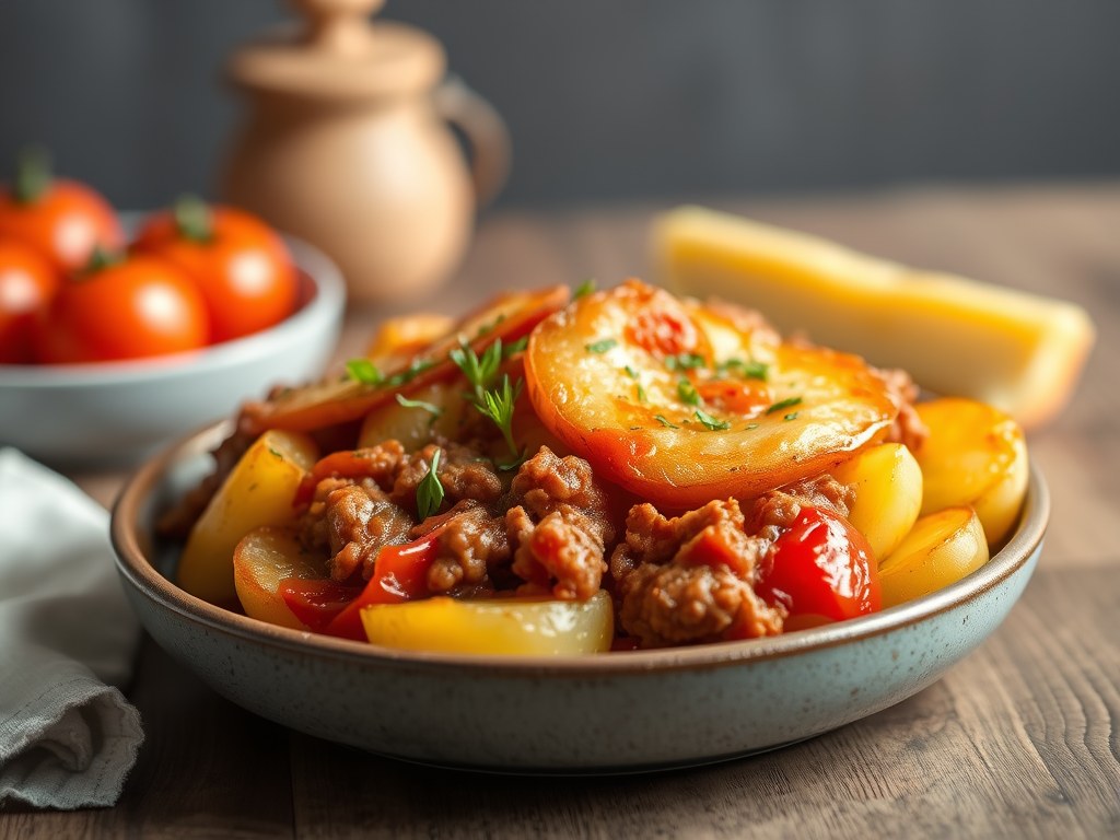 Aardappel ovenschotel, AI-gegenereerde illustratie