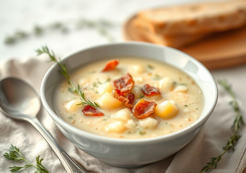 Aardappel-preisoep met kaas en spek, AI-gegenereerde illustratie