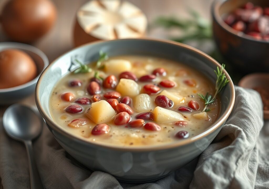 Aardappel-preisoep met rode bonen — AI-gegenereerde illustratie