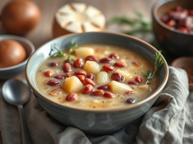 Aardappel-preisoep met rode bonen — AI-gegenereerde illustratie